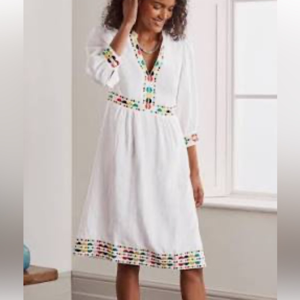 Boden White Linen Embroidered V-Neck Dress with Multicolor Trim size 16/18L